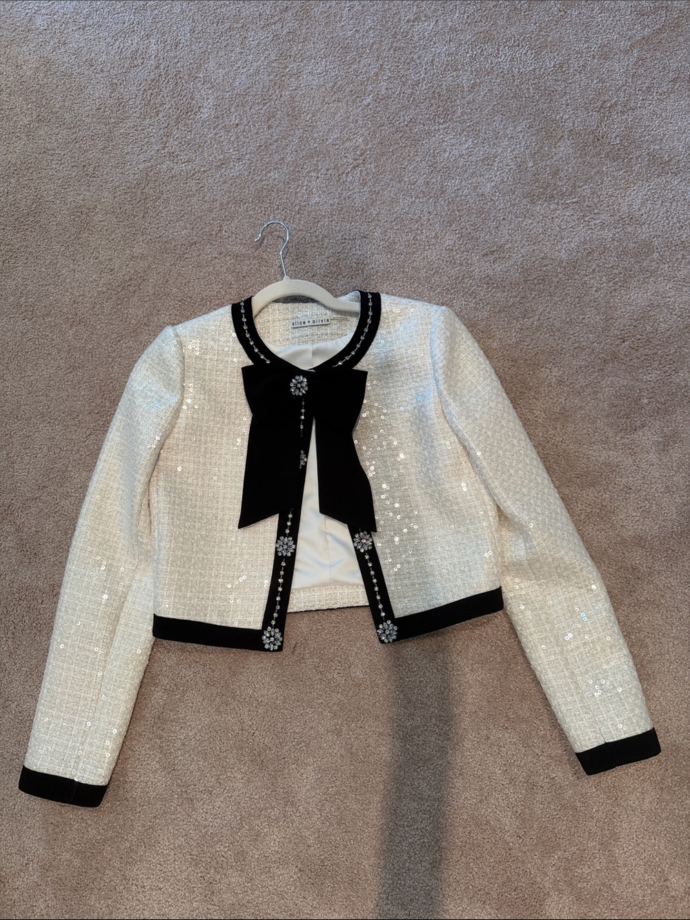 ALICE AND OLIVIA Black & Cream Sequin Tweed Jacket with Black Trim and Bow